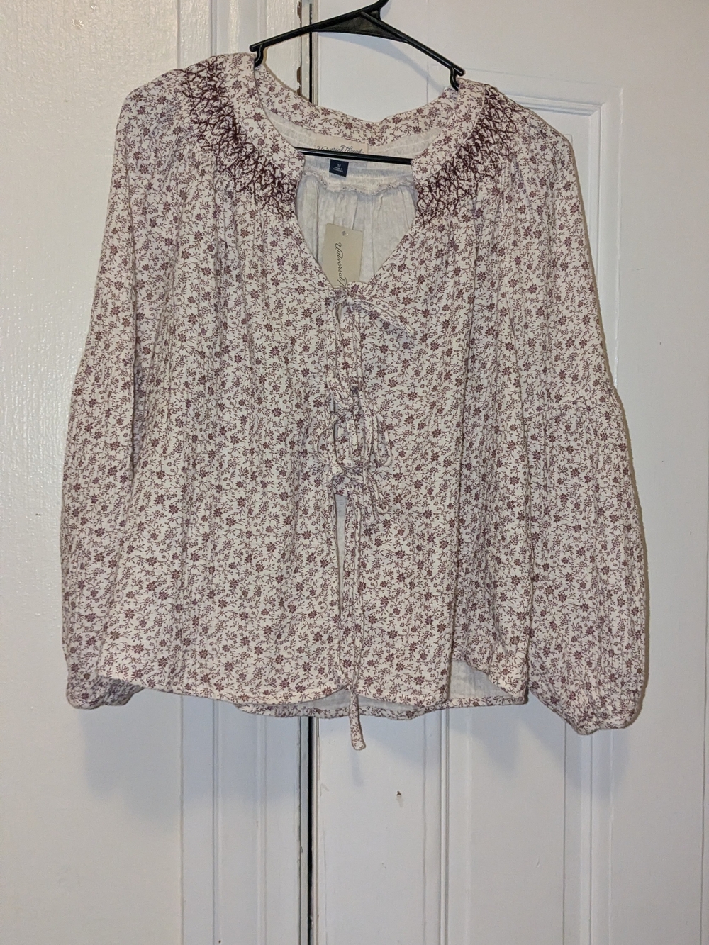 Universal Thread Cream Blouse with Mauve Floral Print and Lace-Up Front